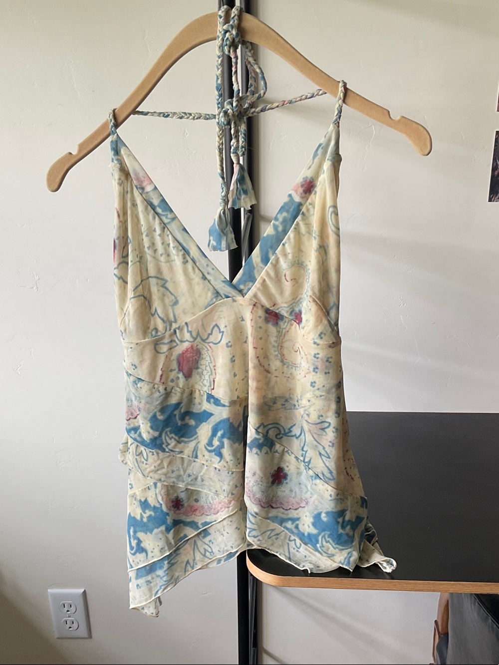 Free People Cream Paisley V-Neck Braided-Strap Cami with Blue Accents